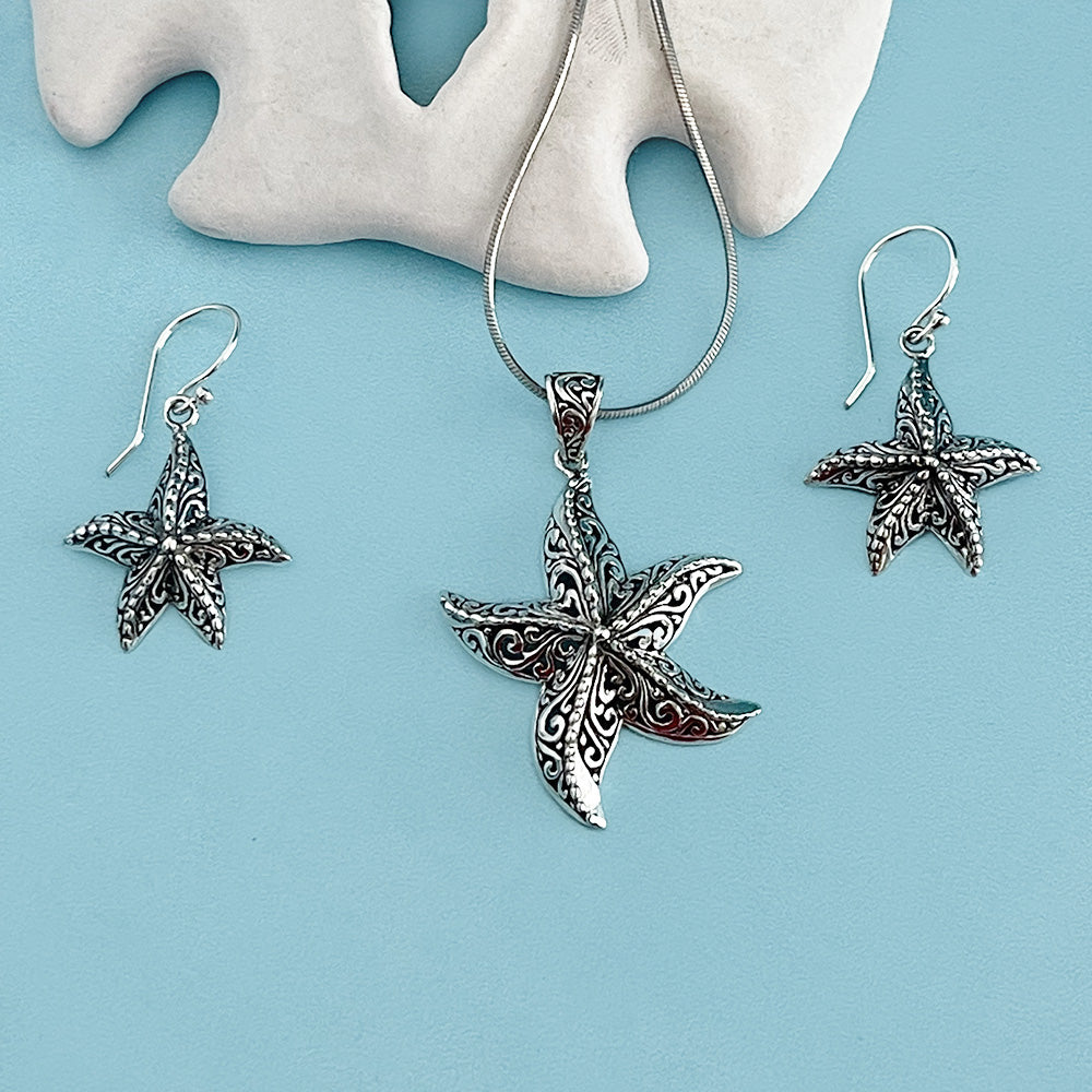 925 Sterling Silver Starfish Pendant Necklace for Women – Handmade Ocean-Inspired Jewelry with Intricate Filigree Design – Elegant Beach Gift