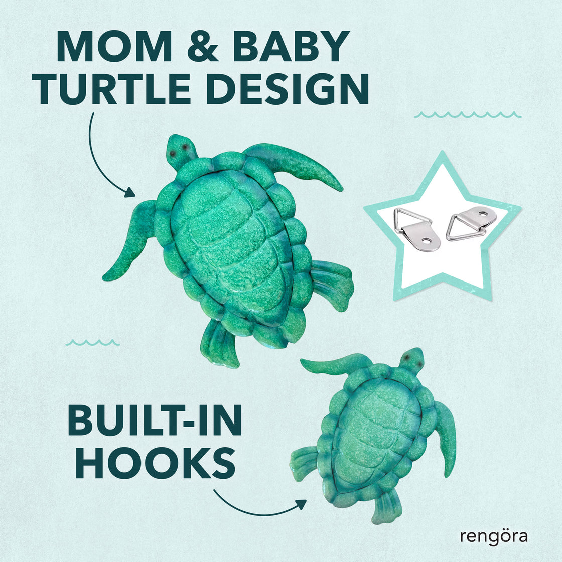 Illustration of a matching mom and baby turtle wall art set with a close-up of the included built-in hanging hooks, labeled “Mom & Baby Turtle Design” and “Built-in Hooks.