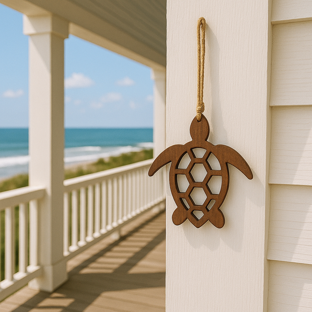 Wooden sea turtle decoration hanging on a white outdoor column with ocean waves and a boardwalk in the background.