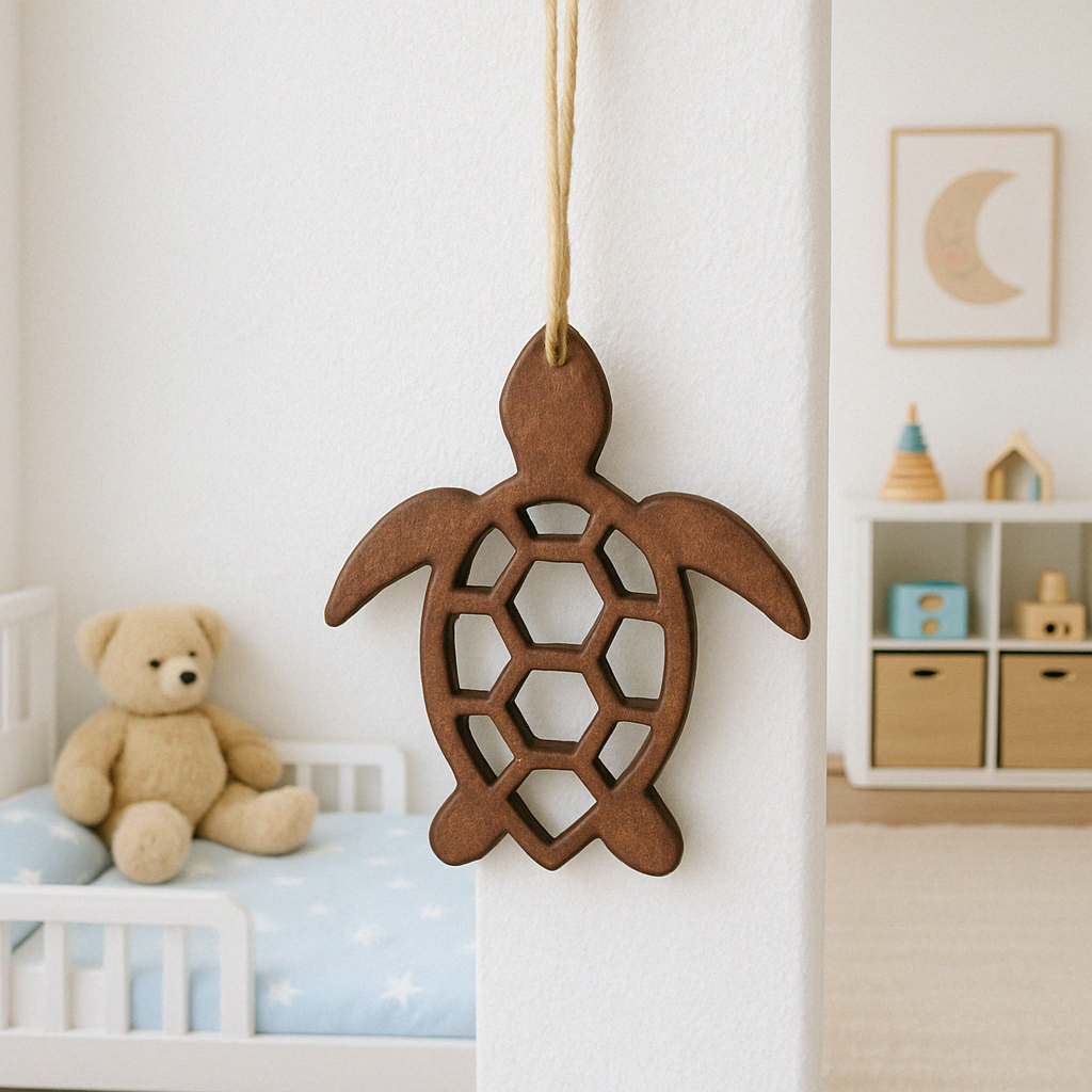 Wooden turtle ornament hanging on a white wall in a nursery with a teddy bear and pastel decor in the background.
