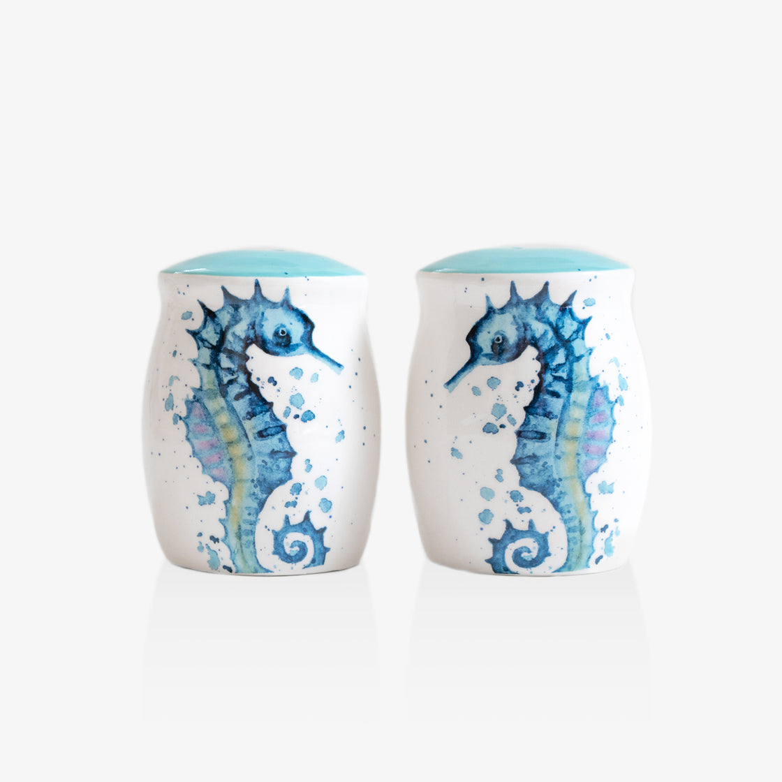 An up-close perspective of the Rengora seahorse salt and pepper shakers against a plain white background.