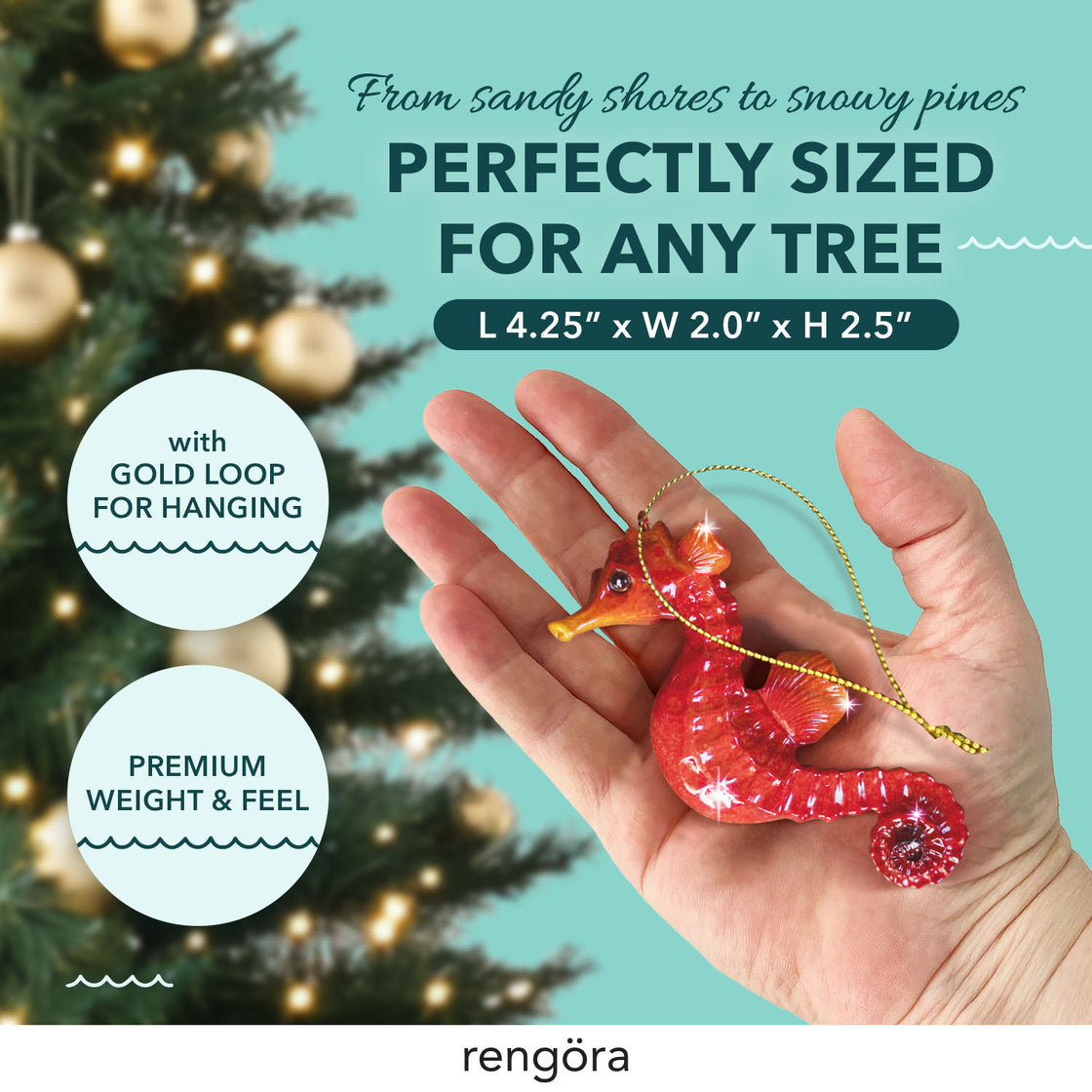 A ceramic seahorse ornament with a golden loop for hanging, showcased in a hand with a decorated Christmas tree in the blurred background and text highlighting its premium size and feel.