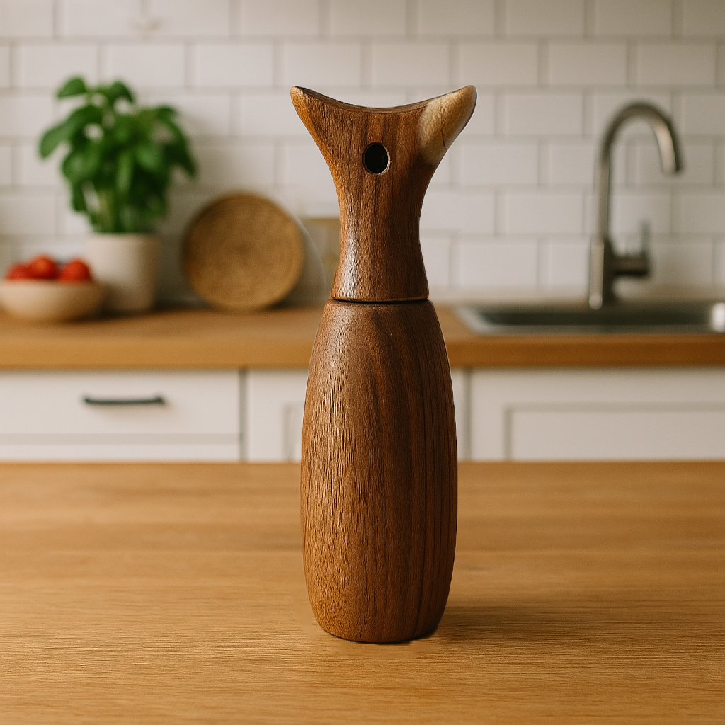 Whale tail-shaped wooden pepper mill standing on a kitchen counter with a bright, minimalist background.