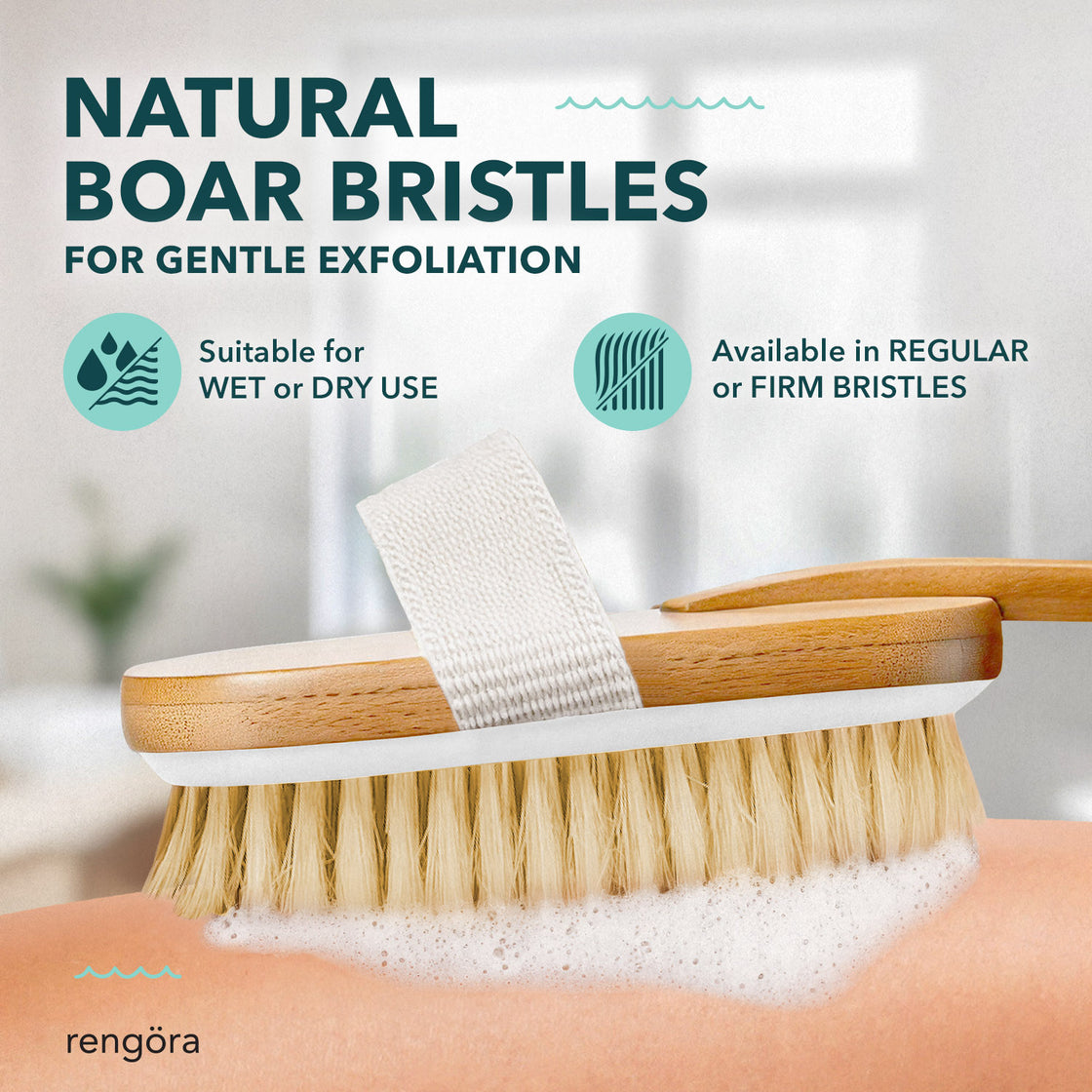 A close-up of the bamboo brush head with natural boar bristles covered in foamy soap, gently exfoliating skin.