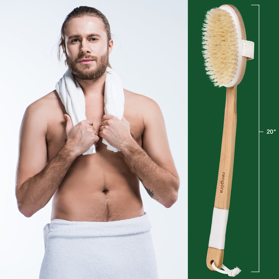 man in towel with 20" bath brush