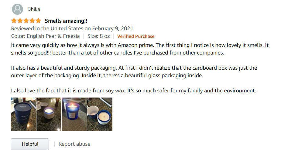 A contented customer awarded our product a 5-star rating, praising the incredible fragrance of Rengöra's Twilight-scented home candle