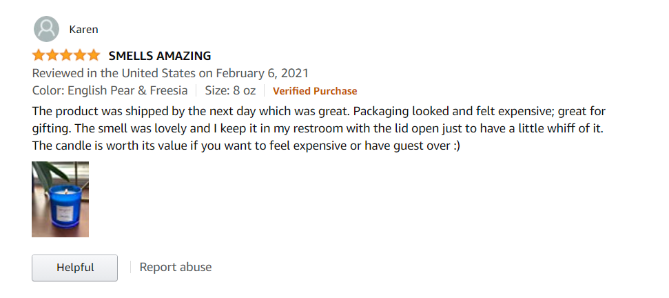 An Amazon review expressing delight in the delightful fragrance, rapid next-day shipping, the premium feel of the packaging, and its suitability for gifting