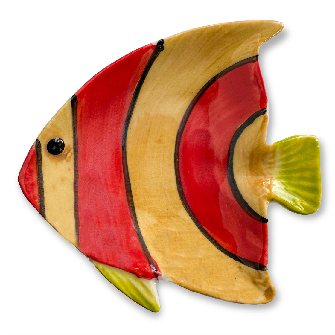 Vibrant Mini Fish Plates in yellow, red and black stripes, with cute eye by rengora