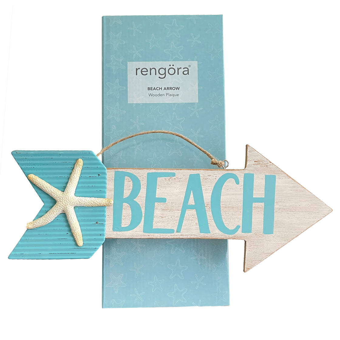 A turquoise packaging featuring a Teal Blue Beach Arrow Wood Sign with a starfish accent and jute rope displayed against a simple white background by rengora