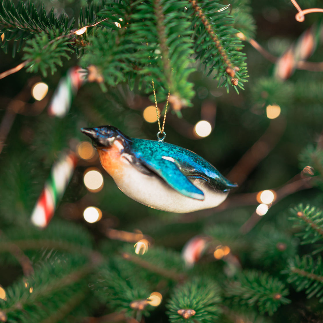The Rengora penguin Christmas ornament hanging elegantly from a Christmas tree