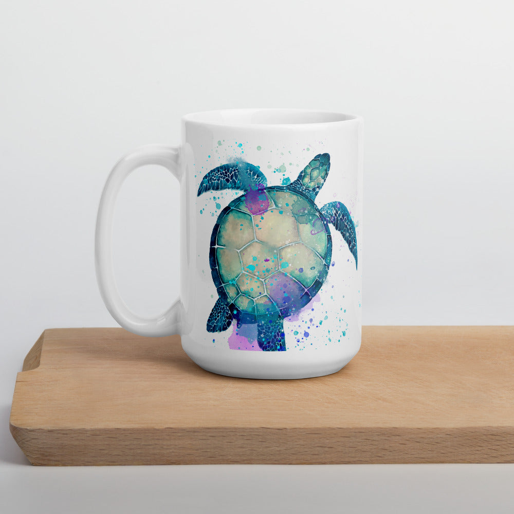 15 oz sea turtle mug shown on top of a wooden cutting board