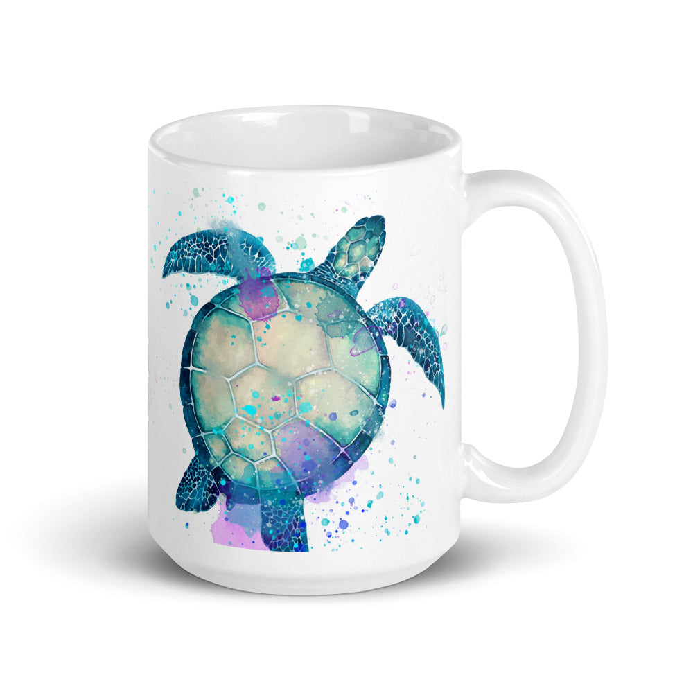 A 15 oz coffee or tea mug featuring a sea turtle design, displayed against a clean white backdrop.