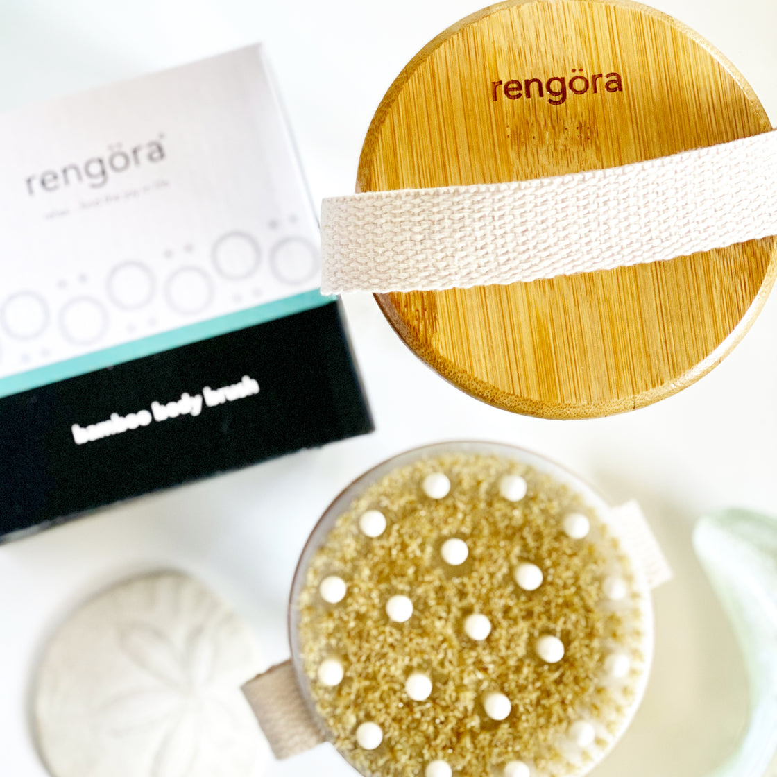 rengora bamboo massage brush with cotton hand strap and box packaging