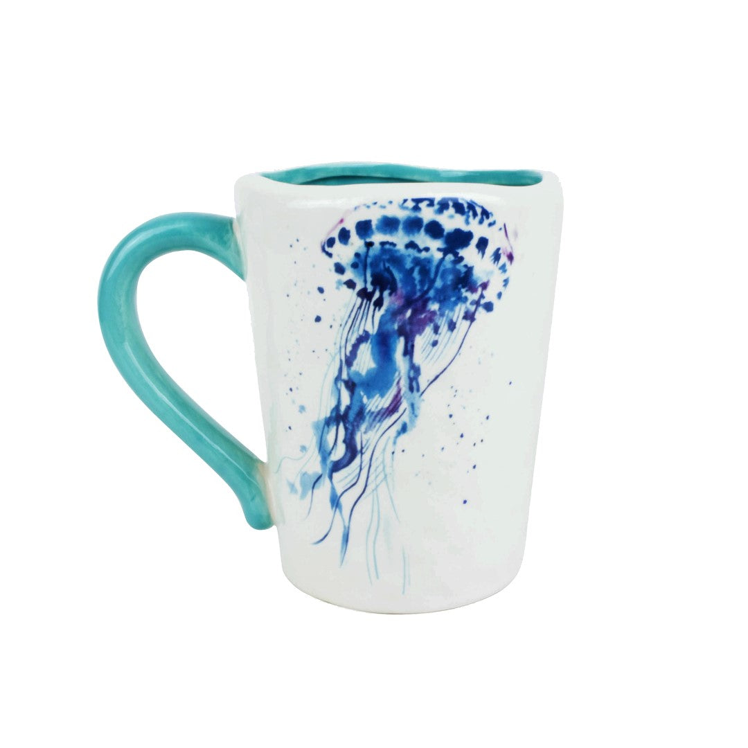 A detailed shot of a Rengora ceramic jellyfish coffee mug set against a simple white backdrop