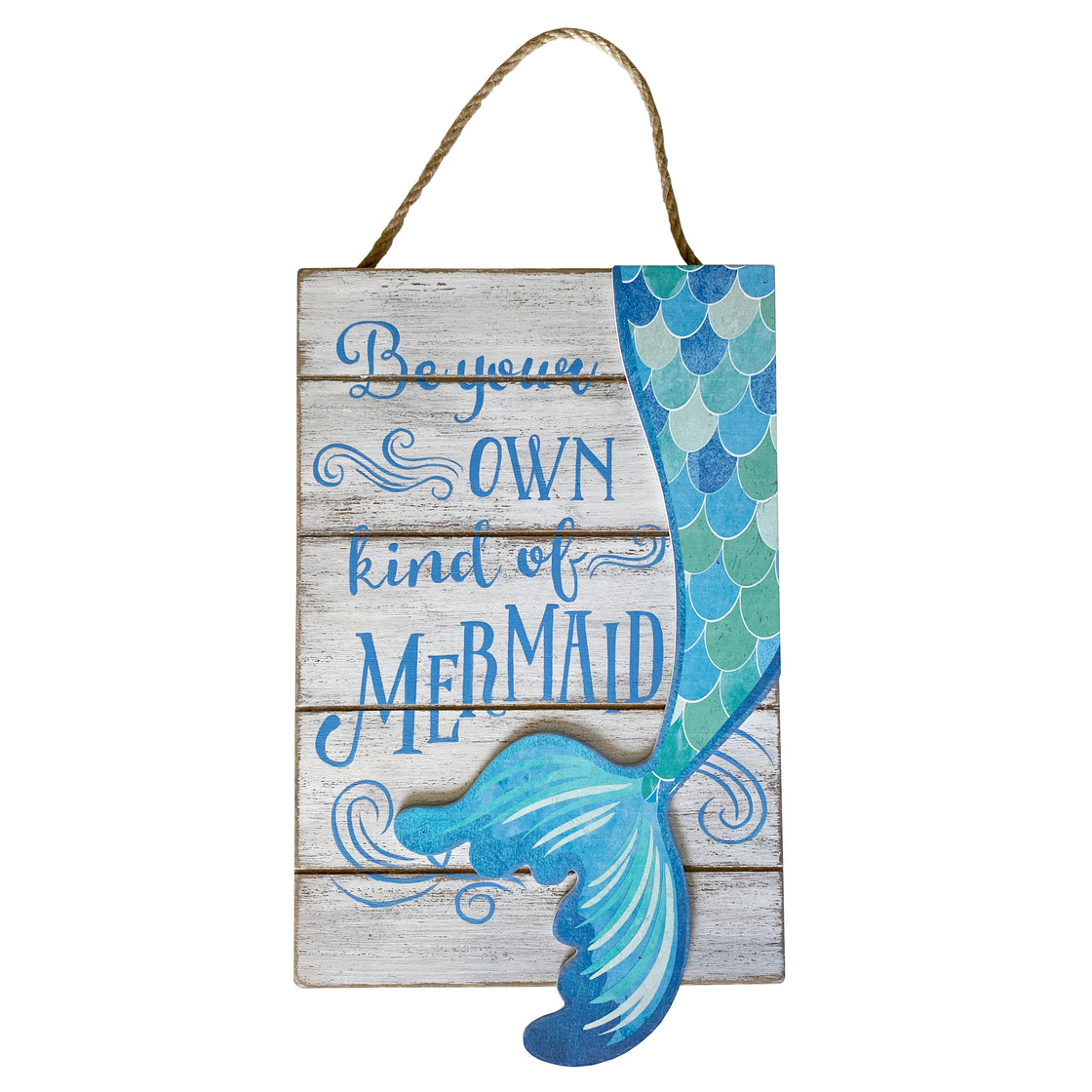 mermaid bathroom decor wall art - blue, green on rustic wooden-like fiber board