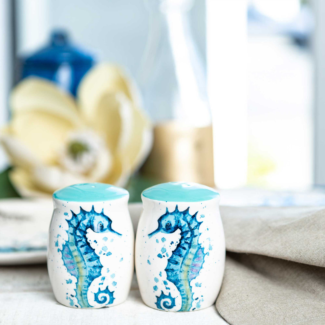 Hand-painted seahorse table salt shaker in high-gloss ceramic finish