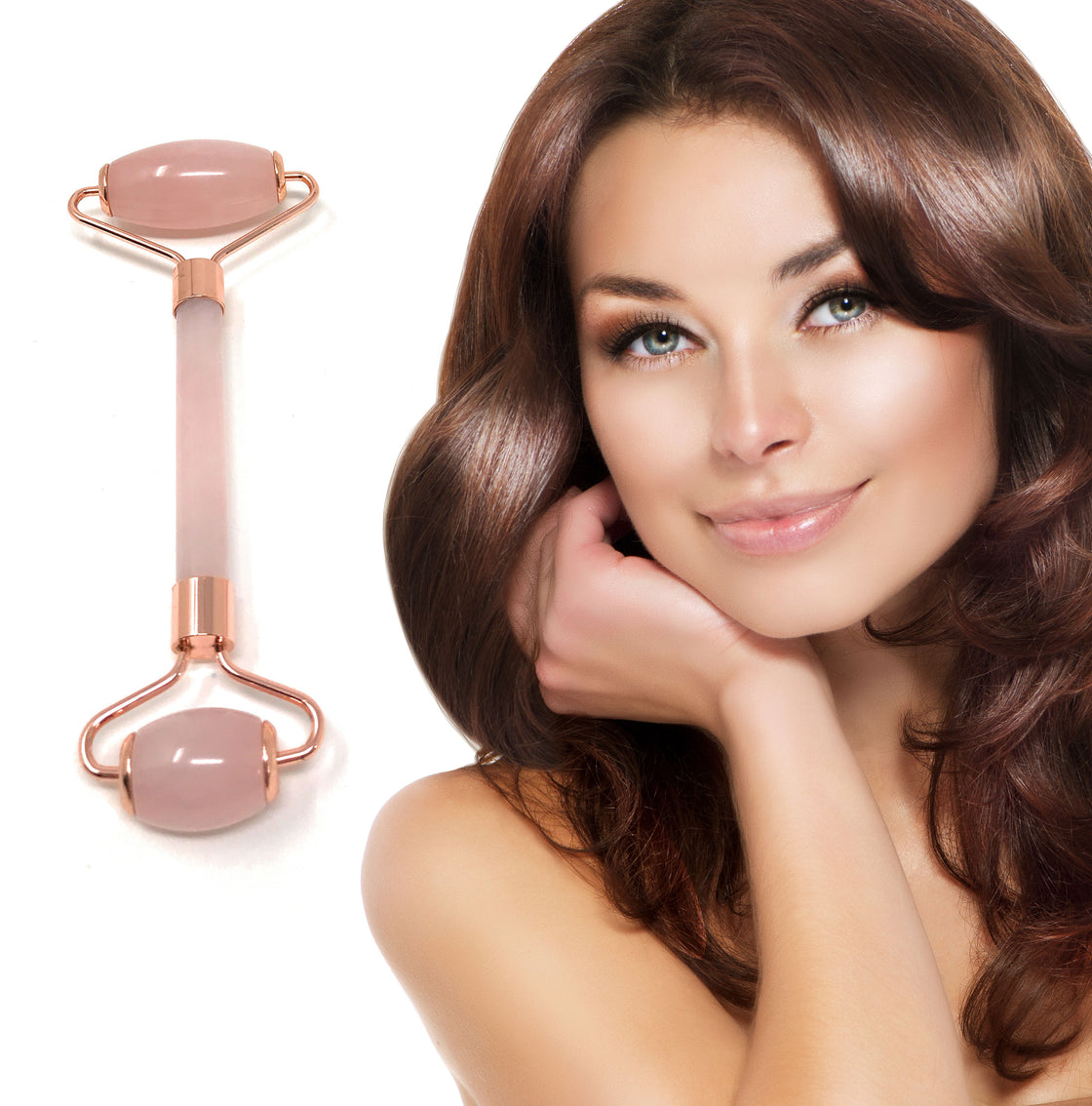 beautiful brunette woman with rose quartz face rol