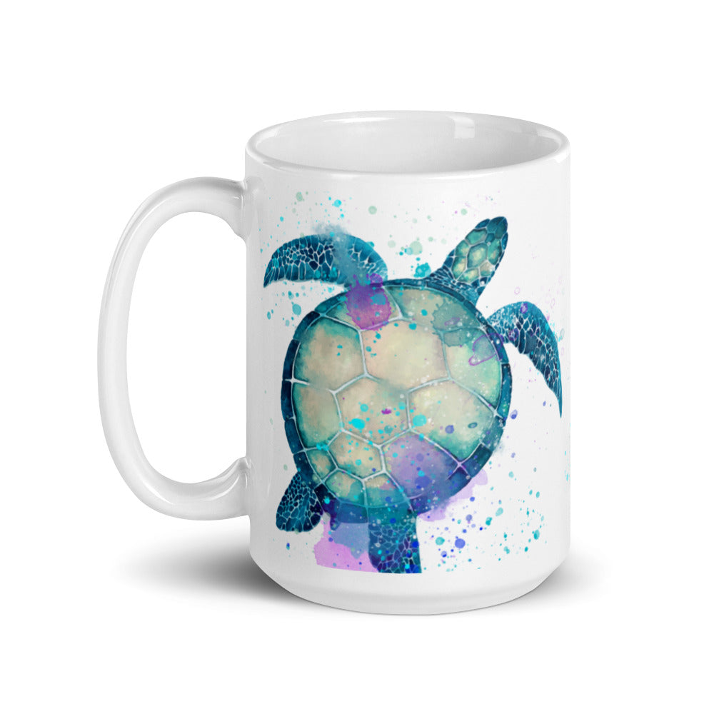 A 15 oz coffee or tea mug featuring a sea turtle design, displayed against a clean white backdrop.
