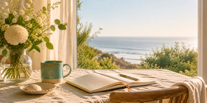Morning sunlight shines through a window onto a linen-covered table with a teal mug, open journal, fresh white flowers, and a coastal ocean view in the distance.