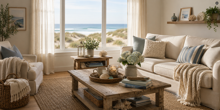 Sunlit coastal living room with a cozy sofa, fresh hydrangeas, a candle, seashells, a stoneware mug, and ocean views through large windows.