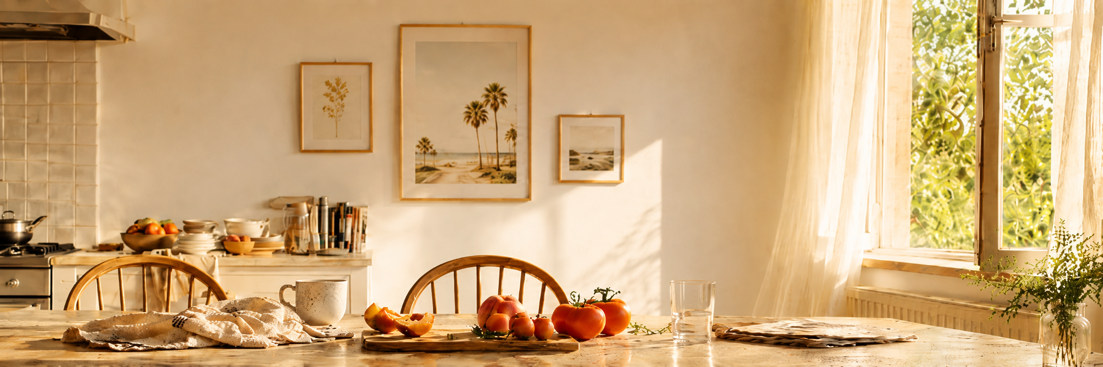 Bright kitchen with window breeze and fresh peaches and tomatoes on the wooden table.
