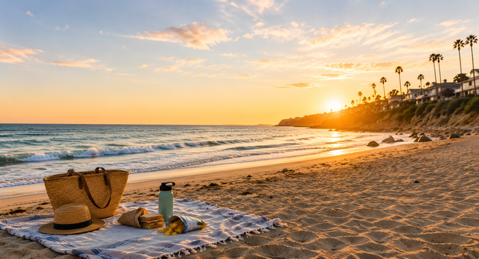 A peaceful beach picnic at sunset with a woven tote, book, simple lunch, and ocean waves along the California coast.