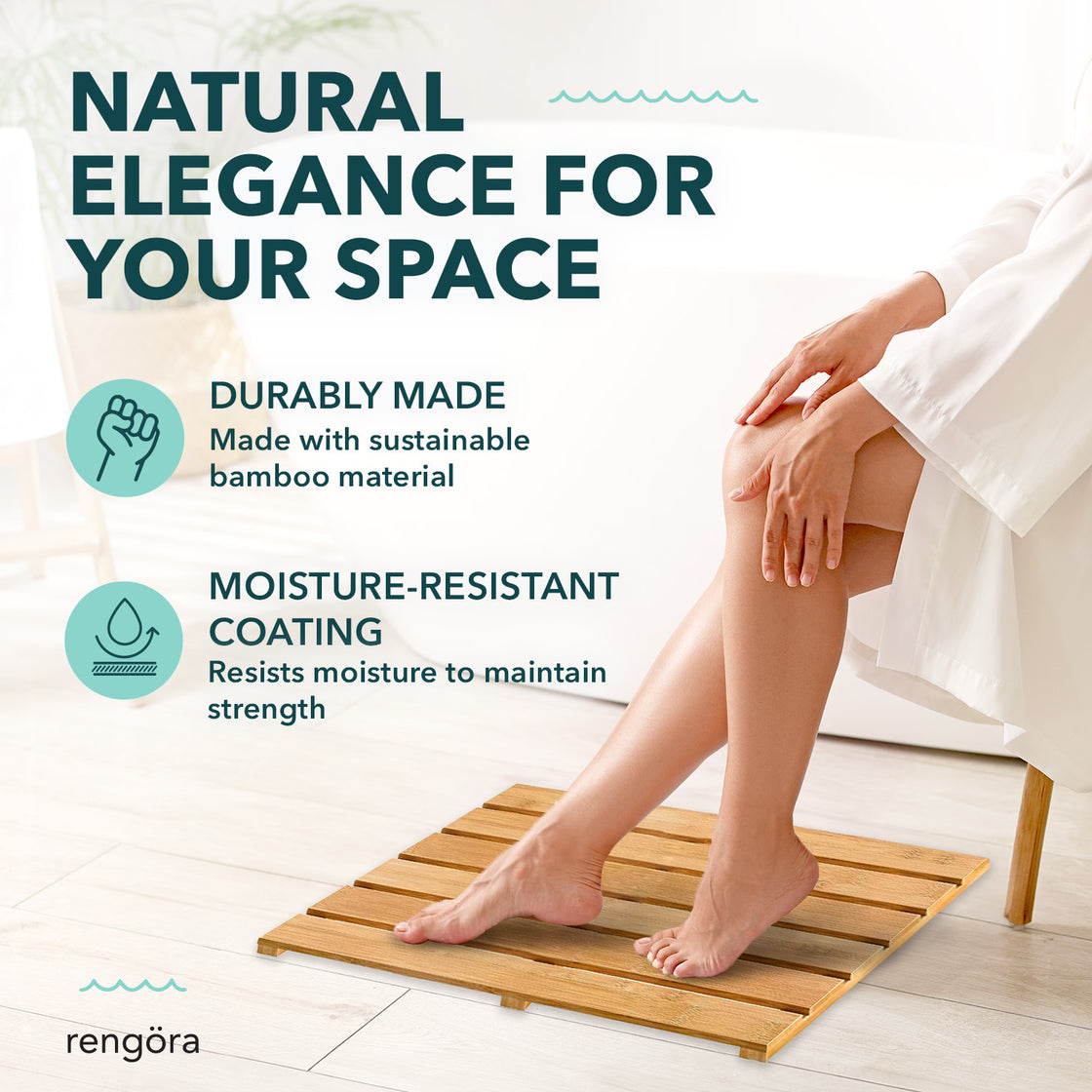 A person comfortably rests their feet on the bamboo bath mat, demonstrating its smooth surface and natural aesthetic. The mat's moisture-resistant coating ensures long-lasting durability in wet spaces.