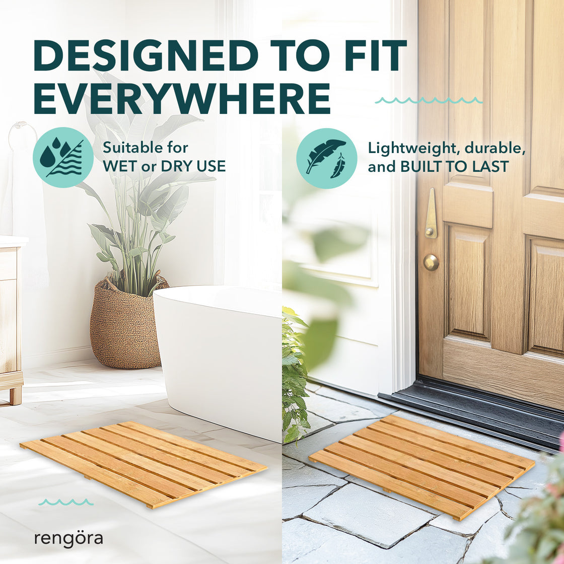 The bamboo mat in different spaces: one in a bright bathroom beside a bathtub, and another by a wooden front door. The mat's versatile design suits both wet and dry environments.