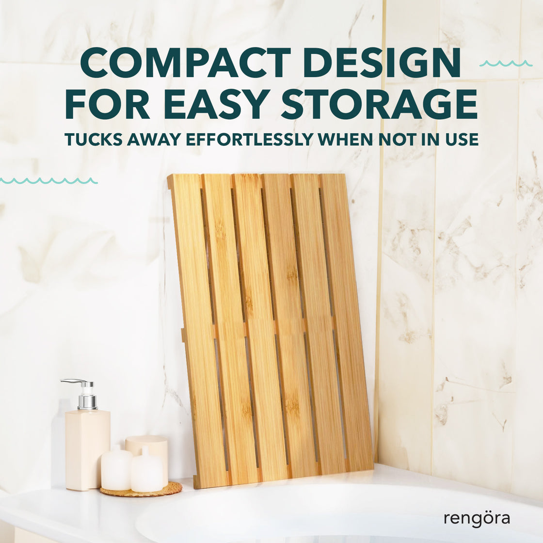 A bamboo bath mat standing upright on a bathroom counter next to a soap dispenser and candles. Its slatted design showcases a natural wood texture, complementing the minimalist marble background.