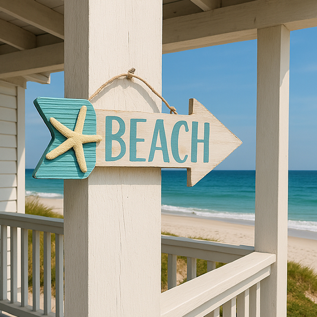 Teal blue wooden beach arrow sign with starfish accent and jute rope hanging on a porch with ocean view