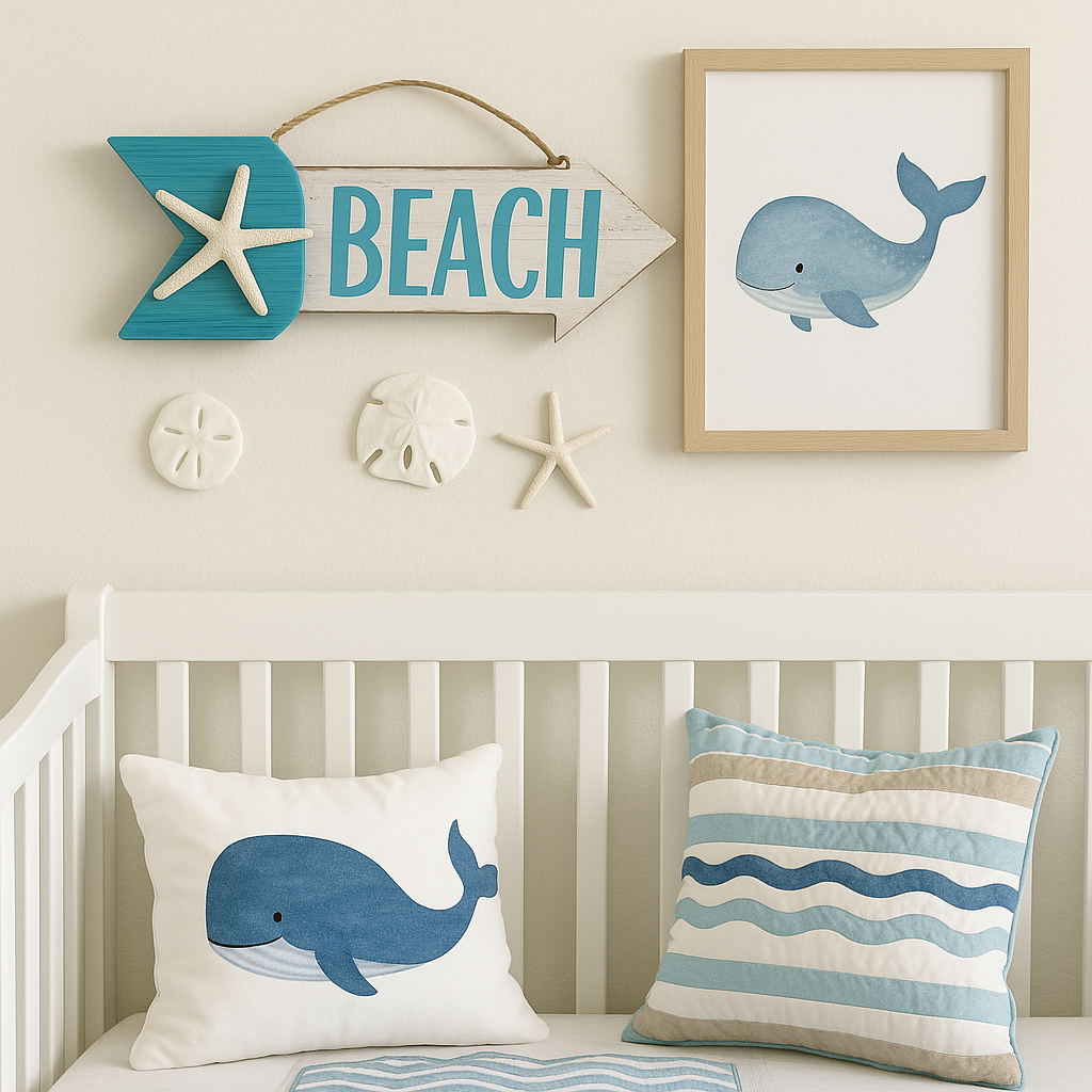 Teal blue beach arrow sign with starfish accent hanging above a white crib in a coastal-themed nursery with ocean-inspired decor