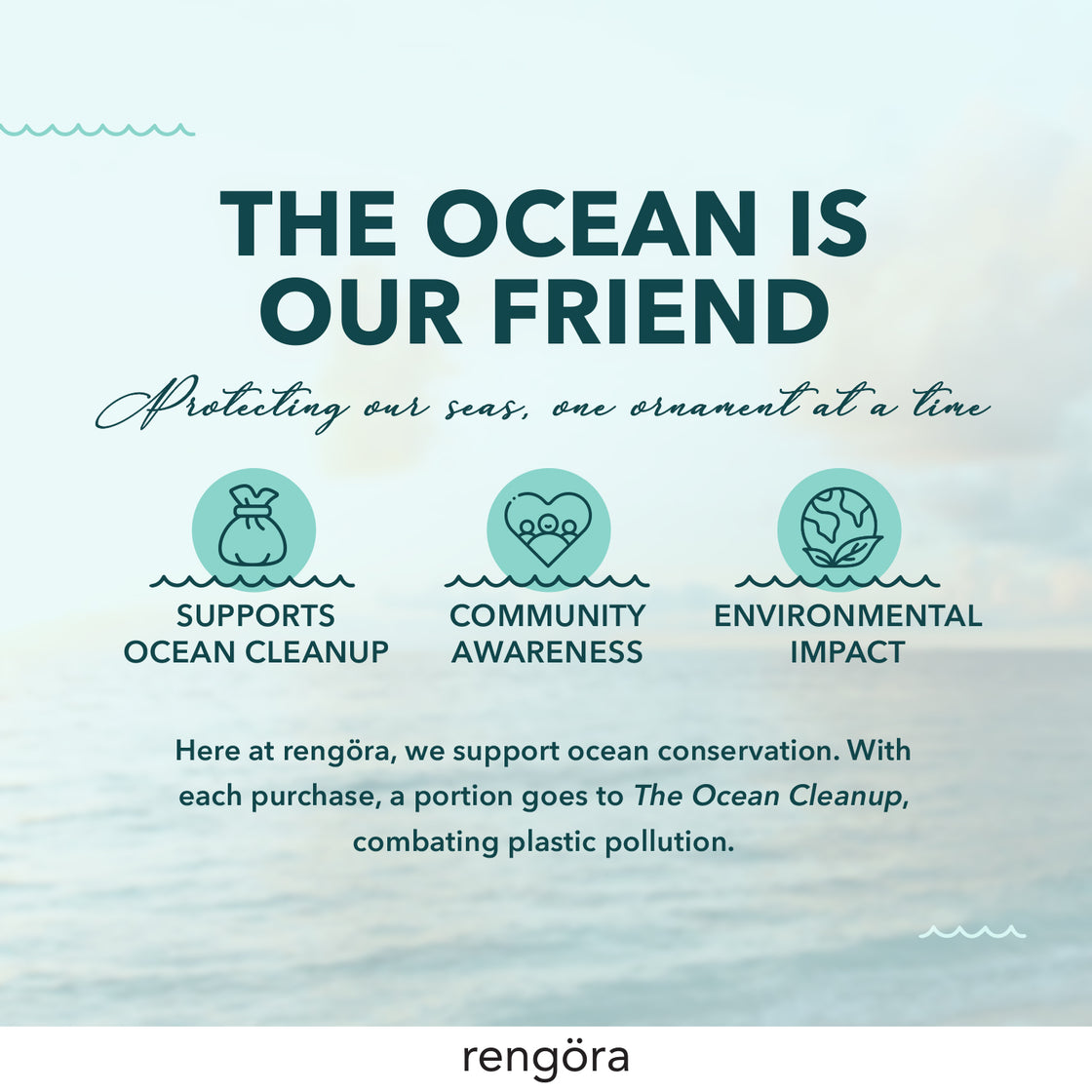 Rengöra ocean conservation message highlighting support for cleaner oceans, community awareness, and environmental impact.