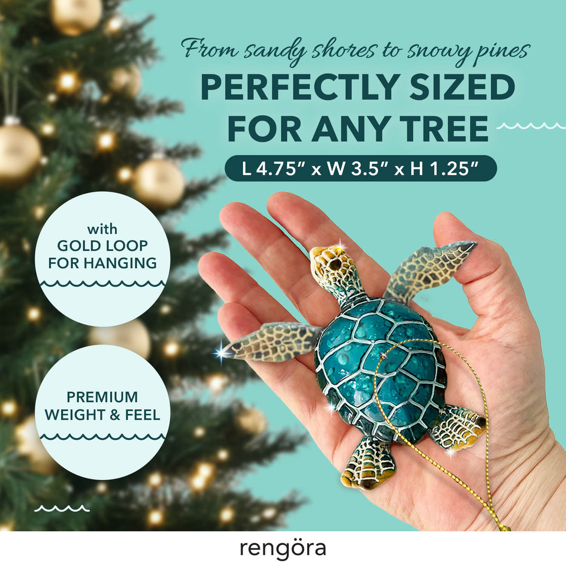 A person’s hand displays the blue sea turtle ornament, emphasizing its compact size and intricate detailing.