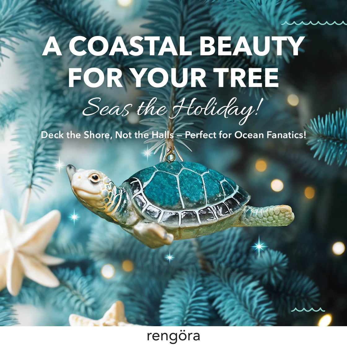 A beautifully detailed blue sea turtle ornament hangs on a teal-toned Christmas tree branch. 