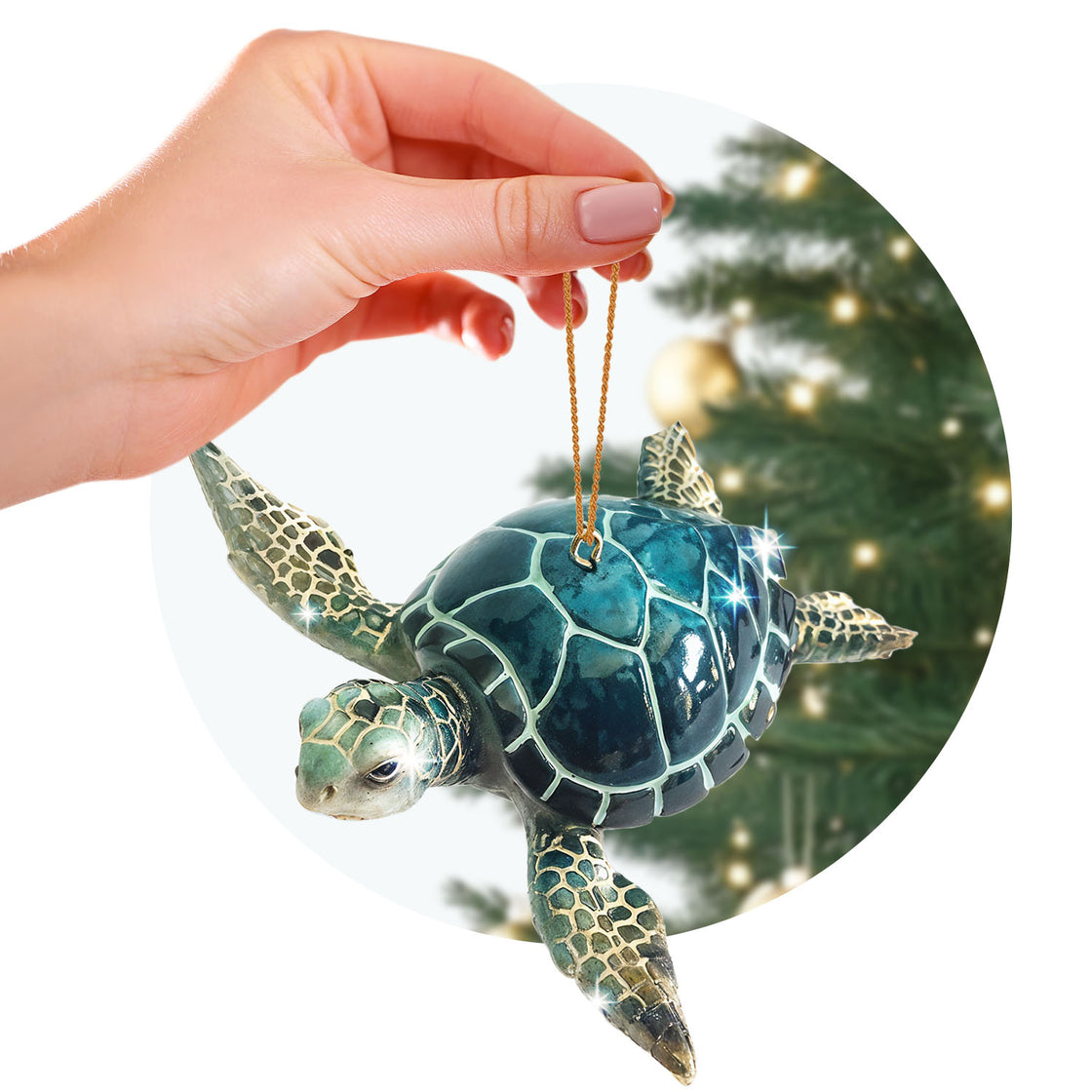 A hand holds a vibrant blue sea turtle ornament by its gold loop, showcasing the intricate details of the shell and fins. The background features a warmly lit Christmas tree with soft golden decorations.