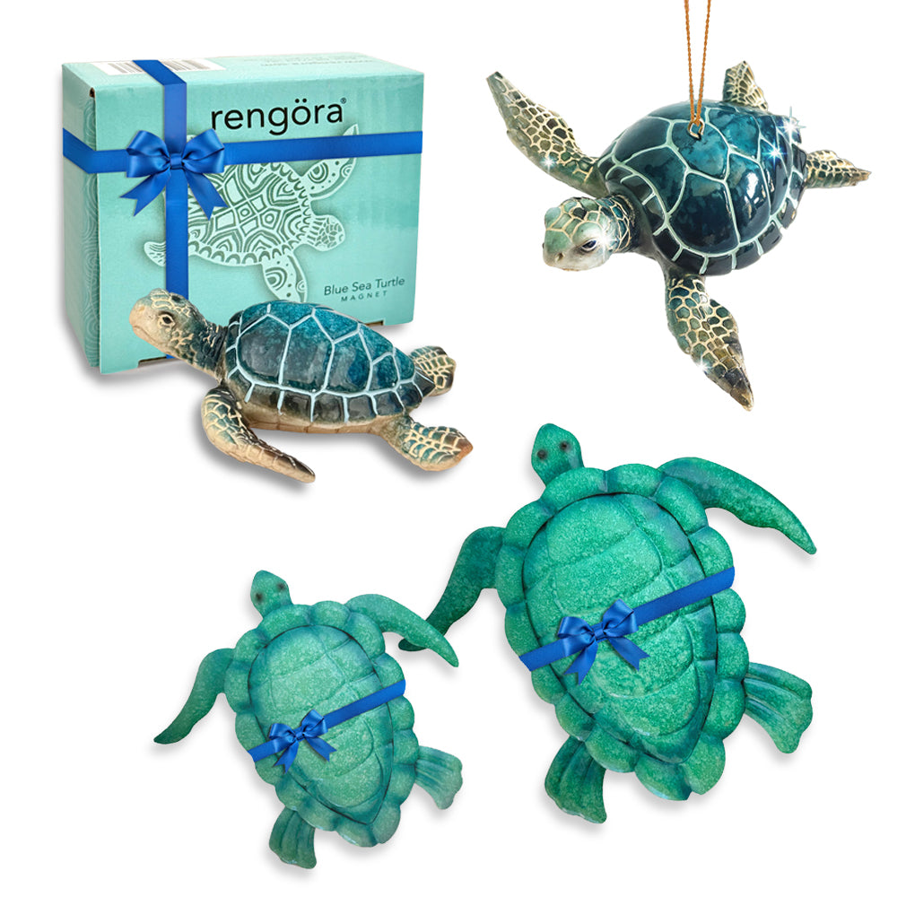 Sea Turtle Decor Bundle – Hand-Painted Fridge Magnet + Metal Wall Art Set + Turtle Ornament