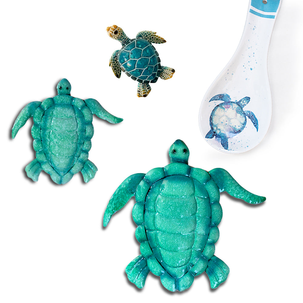 A neatly arranged bundle of three sea turtle-themed items on a white background: a hand-painted sea turtle magnet with vibrant turquoise and blue details, a set of two enameled metal sea turtle wall art pieces in shades of green, and a ceramic sea turtle spoon rest in a coastal blue hue.