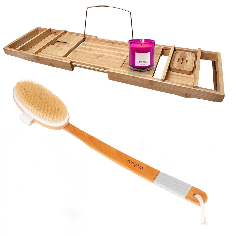 Luxury Spa Bathroom Bundle – Bamboo BathTray, XL Body Brush & Lavender Scented Candle | Rengora Self-Care Set