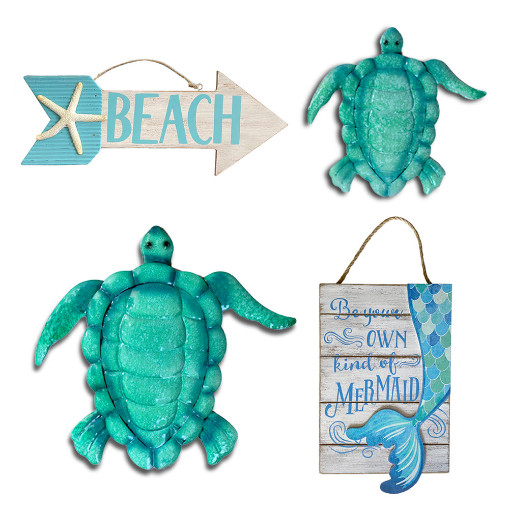 A coastal-themed décor bundle displayed on a white background, featuring three ocean-inspired pieces: a vintage-style wooden mermaid wall sign with a jute rope for hanging, a set of enameled metal sea turtles in vibrant green hues, and a distressed turquoise blue beach arrow sign with a 3D starfish accent.