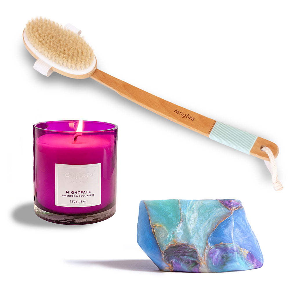 The Perfect Gift for Her: Lavender + Eucalyptus Scented Candle, Opal SoapRock, + Body Brush