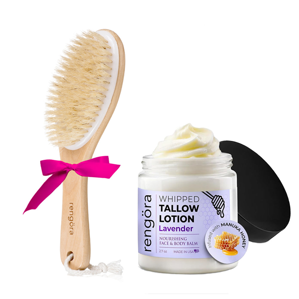 Whipped Tallow Lavender Lotion & Dry Body Brush Duo | Natural Skincare & Exfoliation Set by Rengora