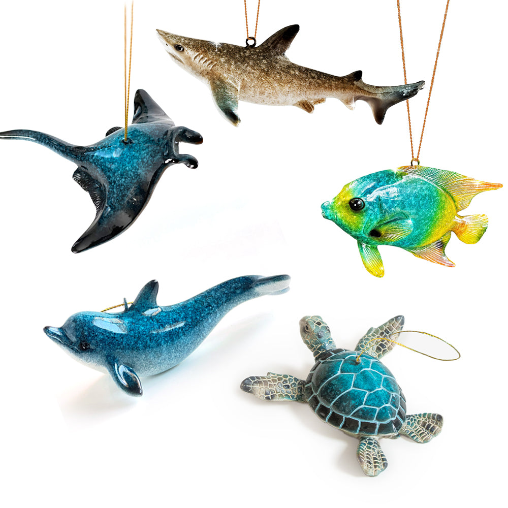 Ocean Christmas Ornament Set – 5 Hand-Painted Sea Life Ornaments | Turtle, Dolphin, Shark, Manta Ray & Tropical Fish