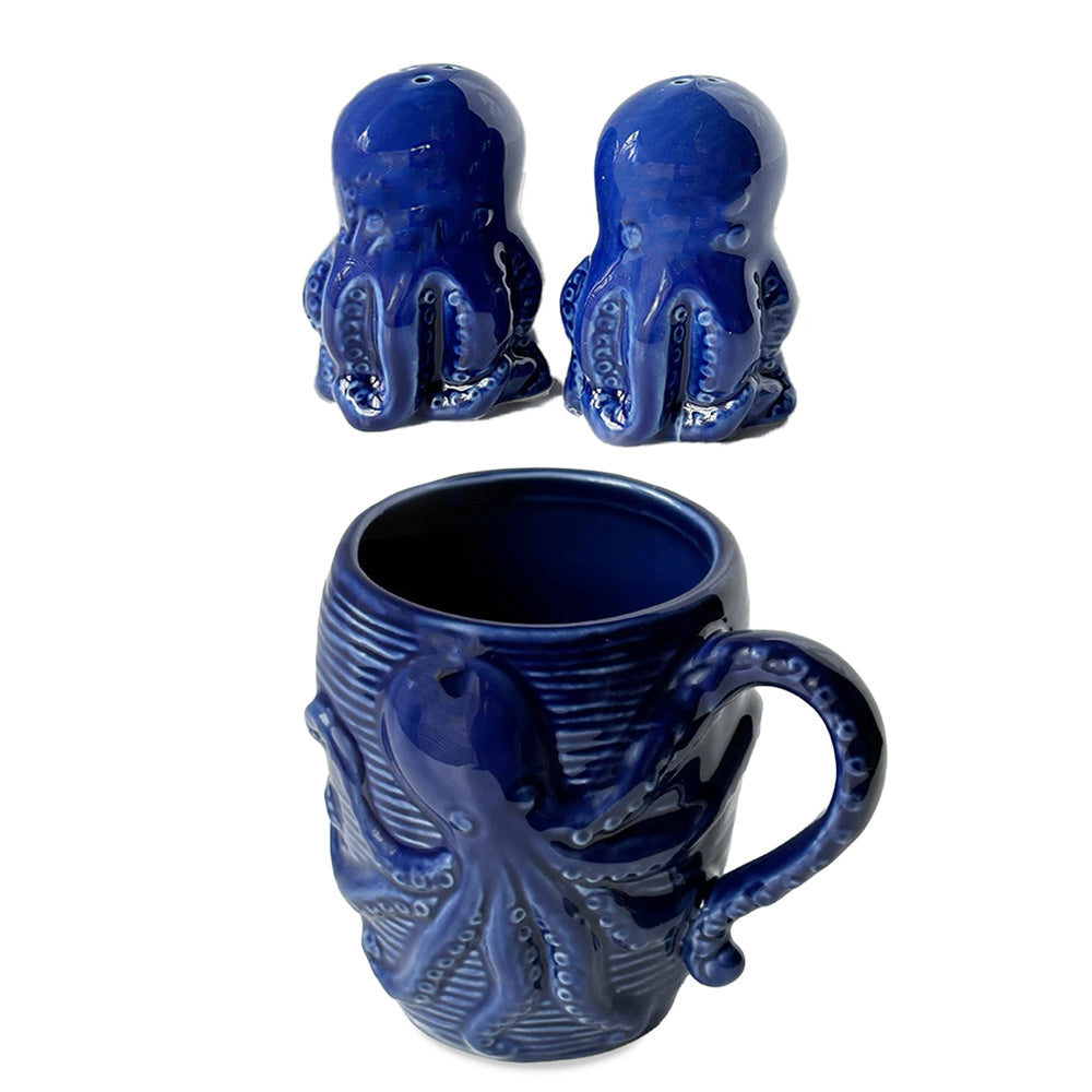 A coastal-inspired kitchen set featuring a blue octopus coffee mug with intricate marine detailing and a pair of blue octopus salt and pepper shakers. 