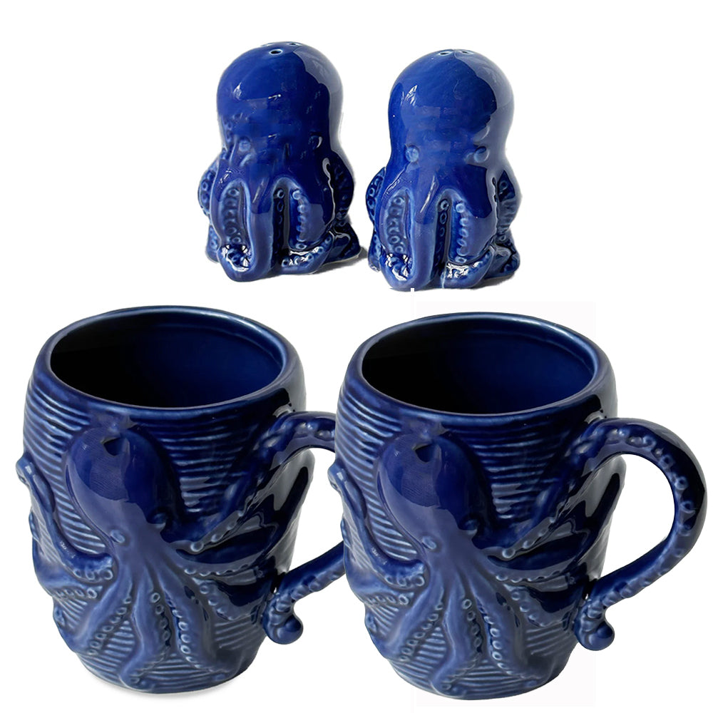 Two blue octopus mugs on a white background with matching octopus salt + pepper shakers