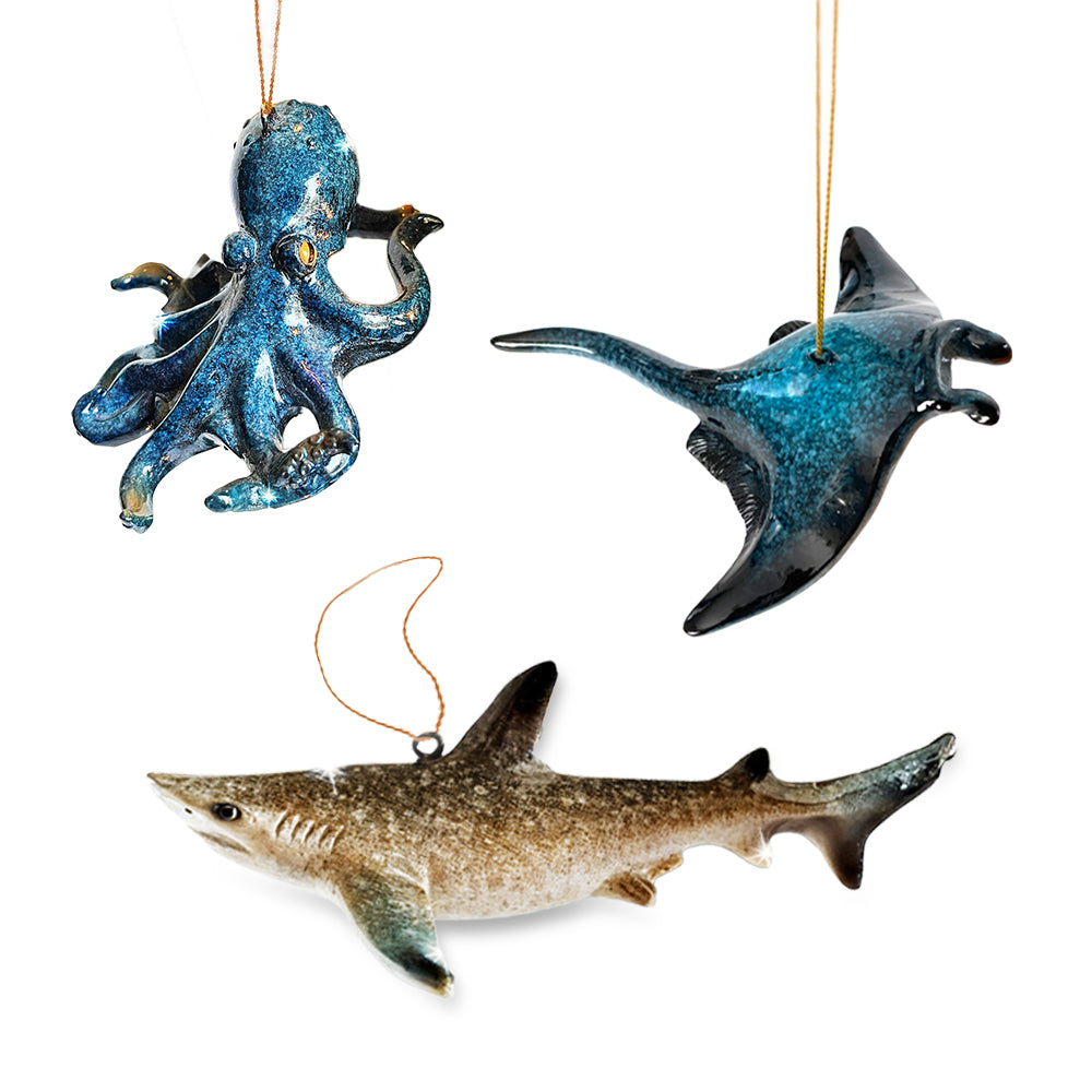 Marine Life Christmas Ornament Set – Shark, Octopus & Manta Ray | Hand-Painted Sea Animal Holiday Decor by Rengora