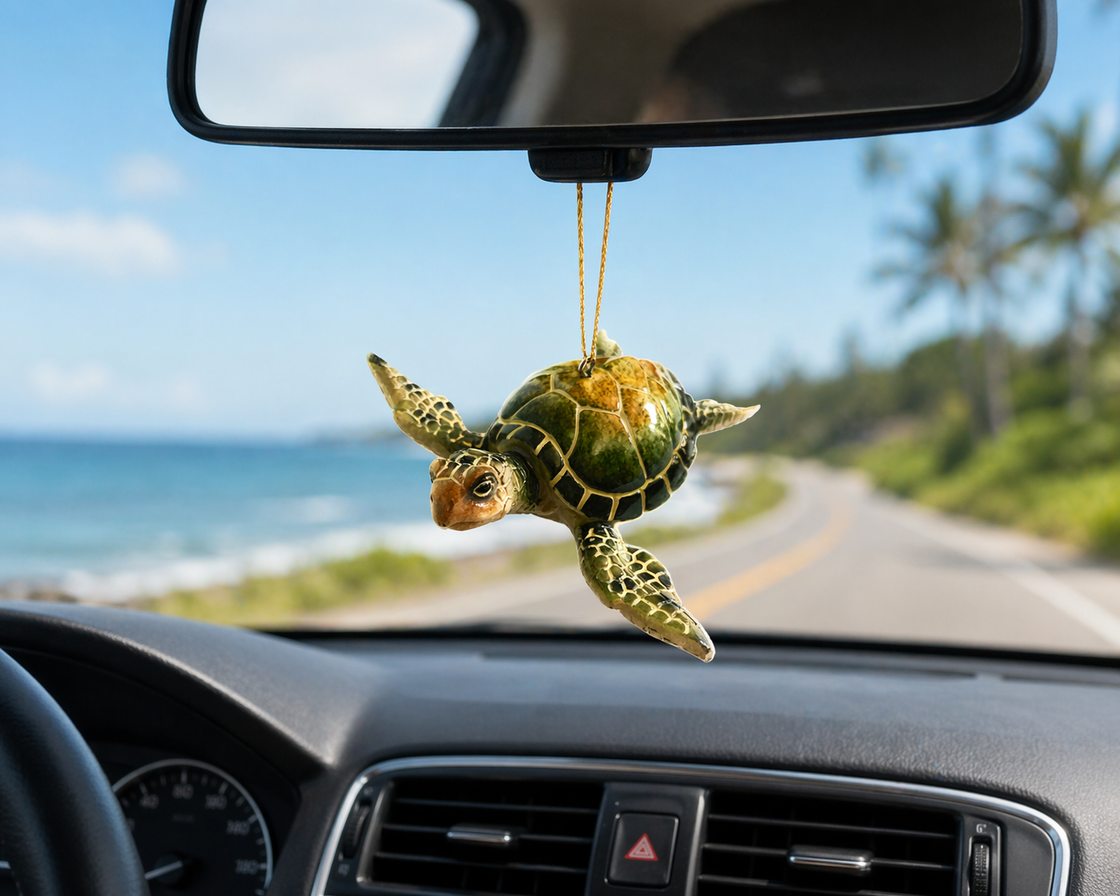 Car dashboard with a green sea turtle ornament hanging from the rearview mirror, scenic road and ocean view outside.