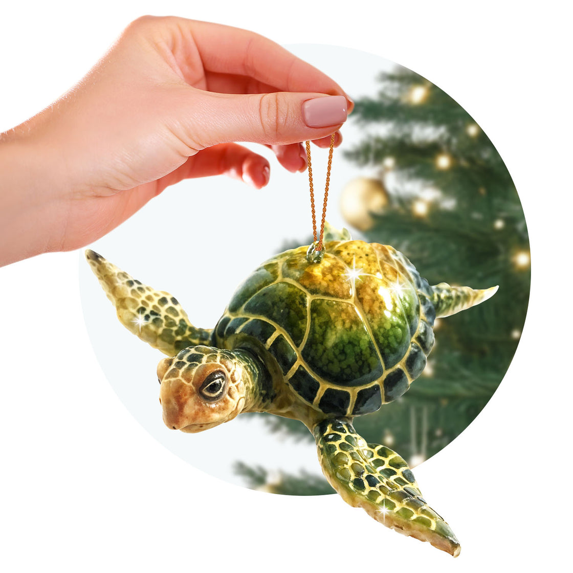 Green turtle christmas ornament on christmas background