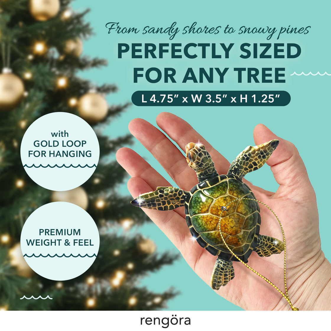 Green turtle christmas ornament with gold loop