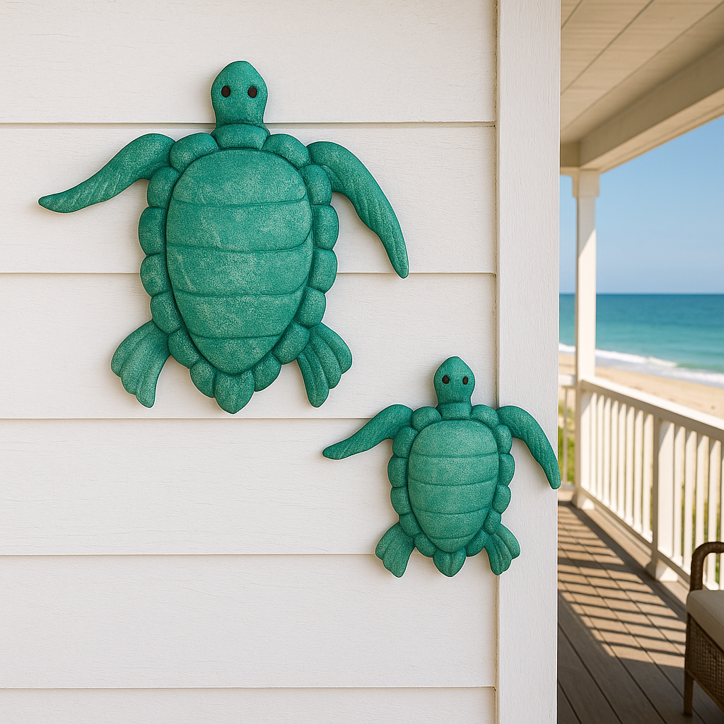 Rengöra sea turtle metal wall art set mounted on white siding of a beach house porch overlooking the ocean