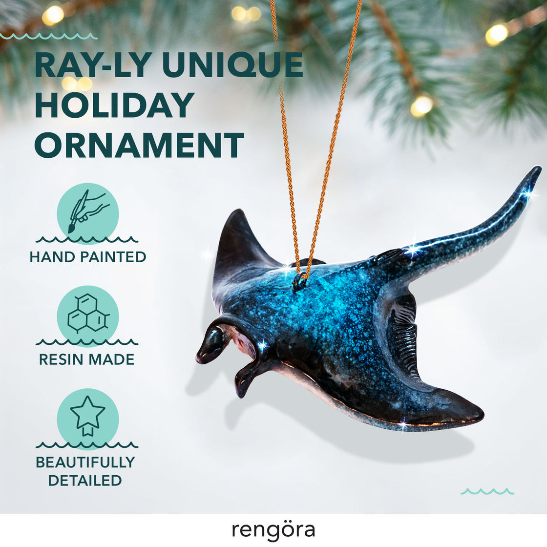 Manta Ray Christmas Ornament - Hand-Painted - Beautifully Made